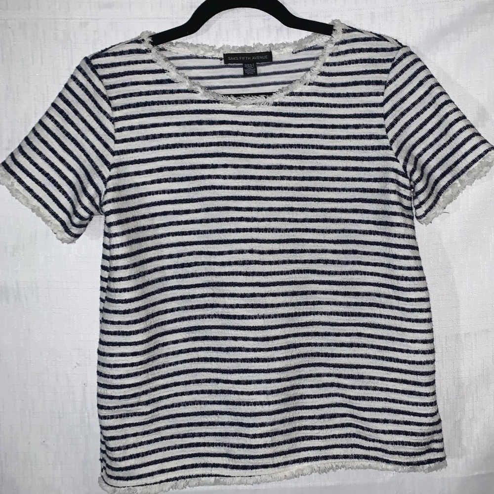 Saks Fifth Avenue Textured Striped Raw Hem Blouse  XS